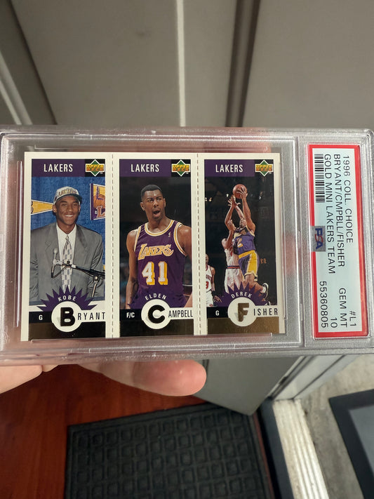 Kobe Bryant / Elden Campbell / Derek Fisher 1996 Collectors Choice #L1 Rookie Gold PSA 10